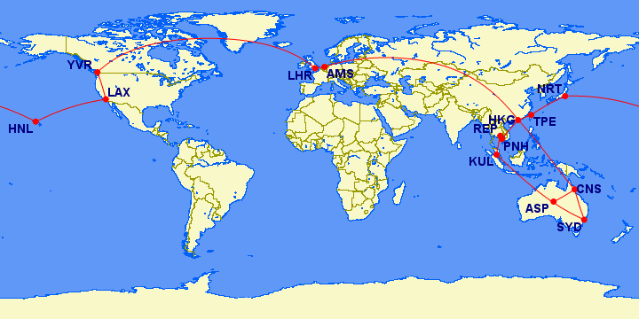 AMS-LHR, LHR-YVR, YVR-LAX, LAX-HNL, HNL-NRT, NRT-TPE, TPE-HKG, HKG-PNH, REP-KUL, KUL-SYD, SYD-CNS, ASP-CNS, CNS-HKG, HKG-AMS